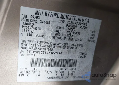 2004 Ford F-150 Lariat/Xlt from USA, damaged, VIN 1FTPW12564KA59494